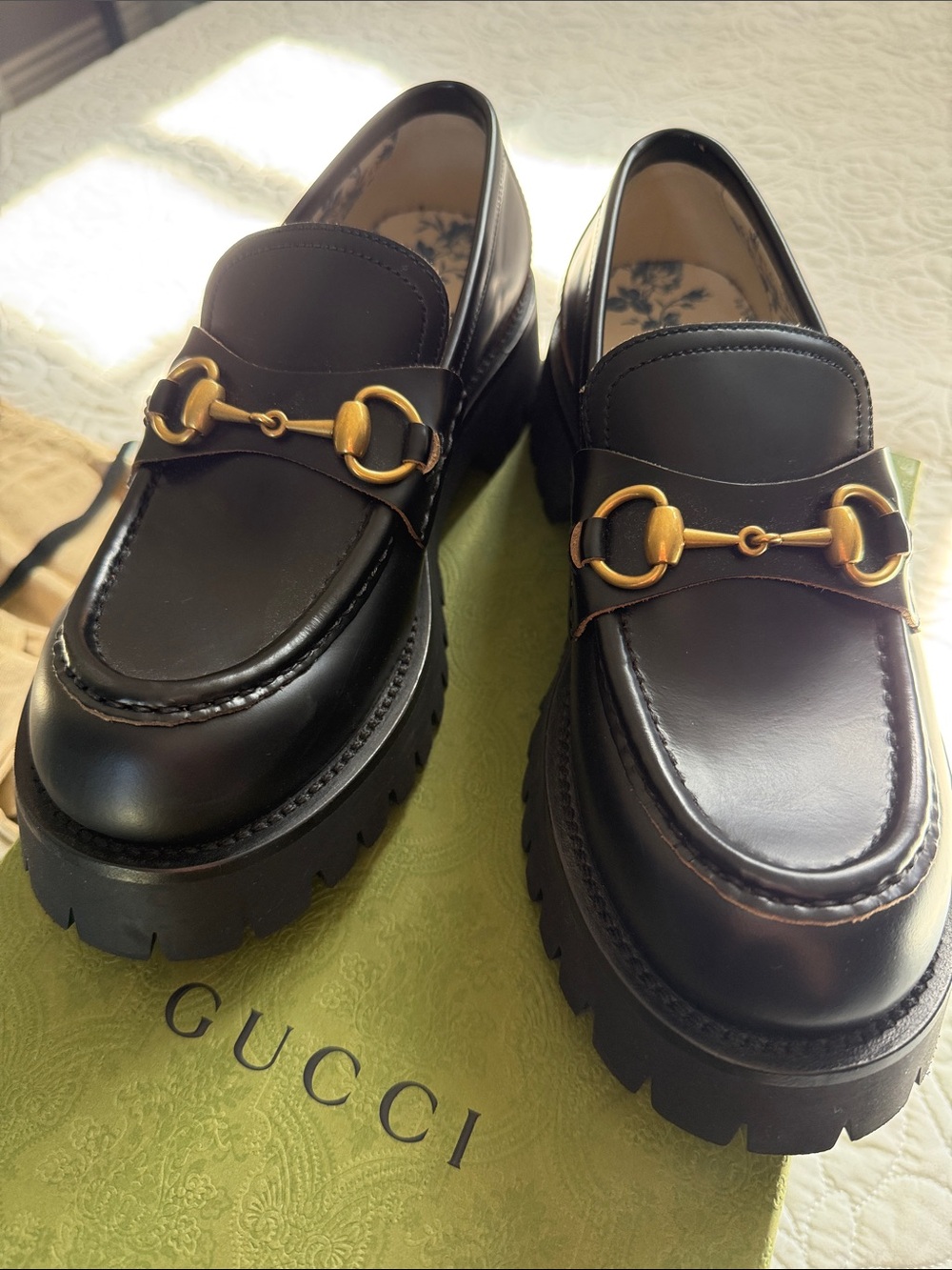 Gucci Black Leather Horsebit Lug Sole Loafers with Gold Hardware